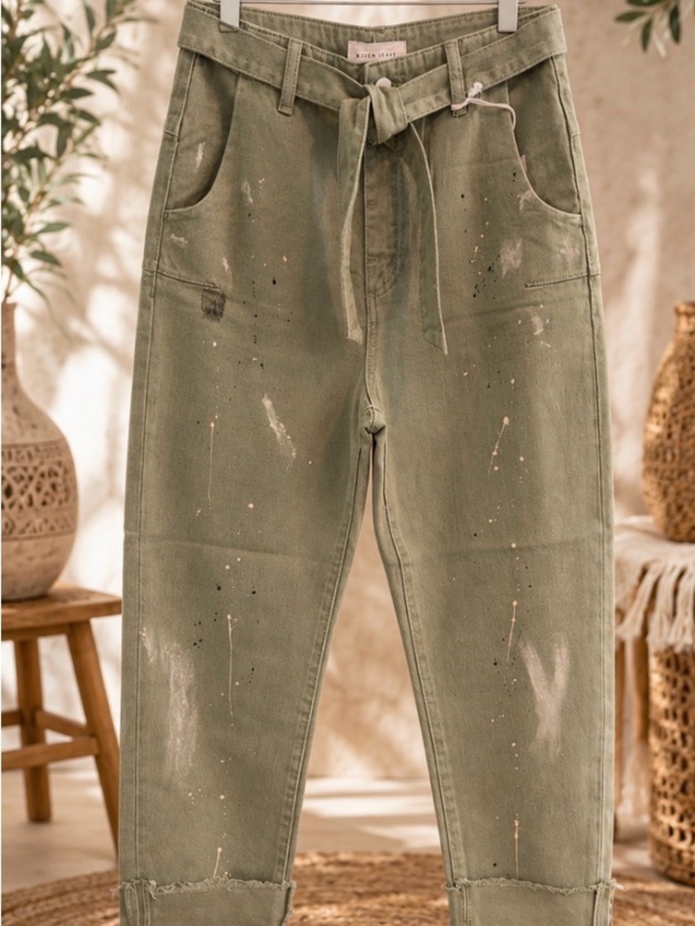 RISEN Jeans Paint-Splatter Olive Green Tie-Waist -NWT
